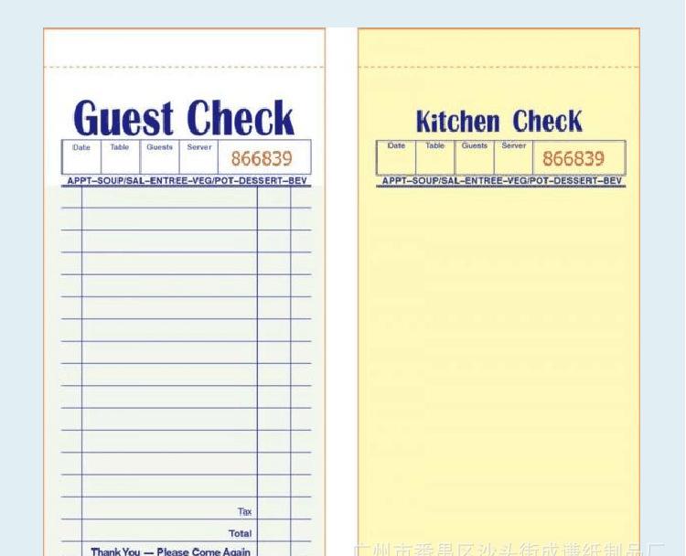 定出口英文版guest check餐厅餐馆酒店账单 外国点餐单点菜单复写