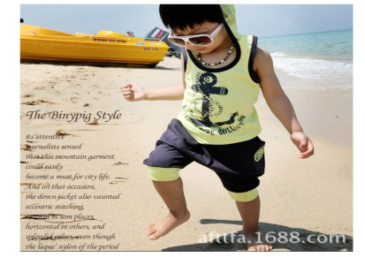 韩版童装批发 夏季船锚帽衫套装 男童背心帽衫+五分裤两件套