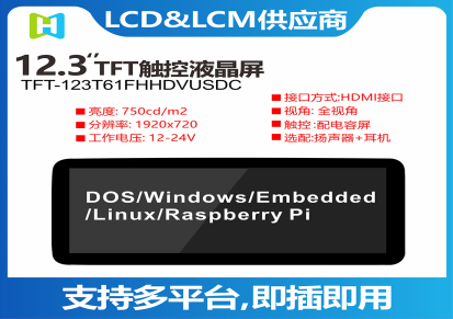 12.3寸HDMI/VGA接口TFT彩屏模组带USB免驱电容触摸屏