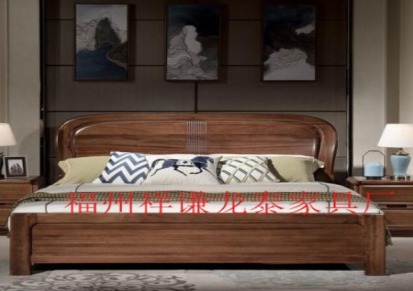 福州新中式实木床 成人现代简约 双人大床卧室 中式实木家具订制 福州龙泰家具厂家