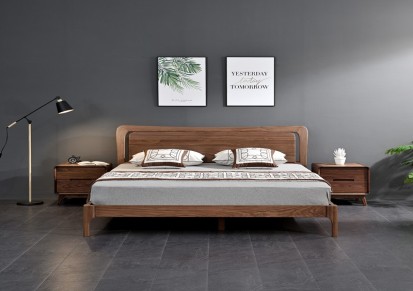 北欧床黑胡桃木实木床现代简约主卧双人1.5米1.8米新中式家具婚床