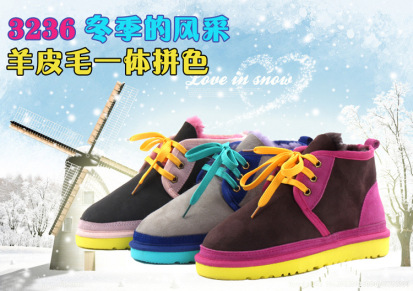 2013新款3236羊皮毛一体雪地靴撞色女鞋冬保暖拼色短靴正品真皮靴