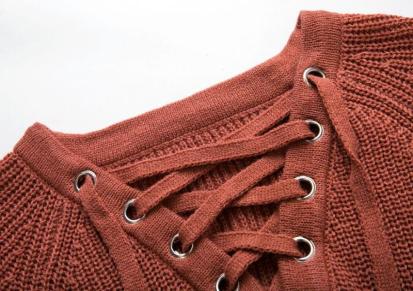 2016秋季新款欧美风袖口装饰中长款长袖系带V领毛衣针织衫