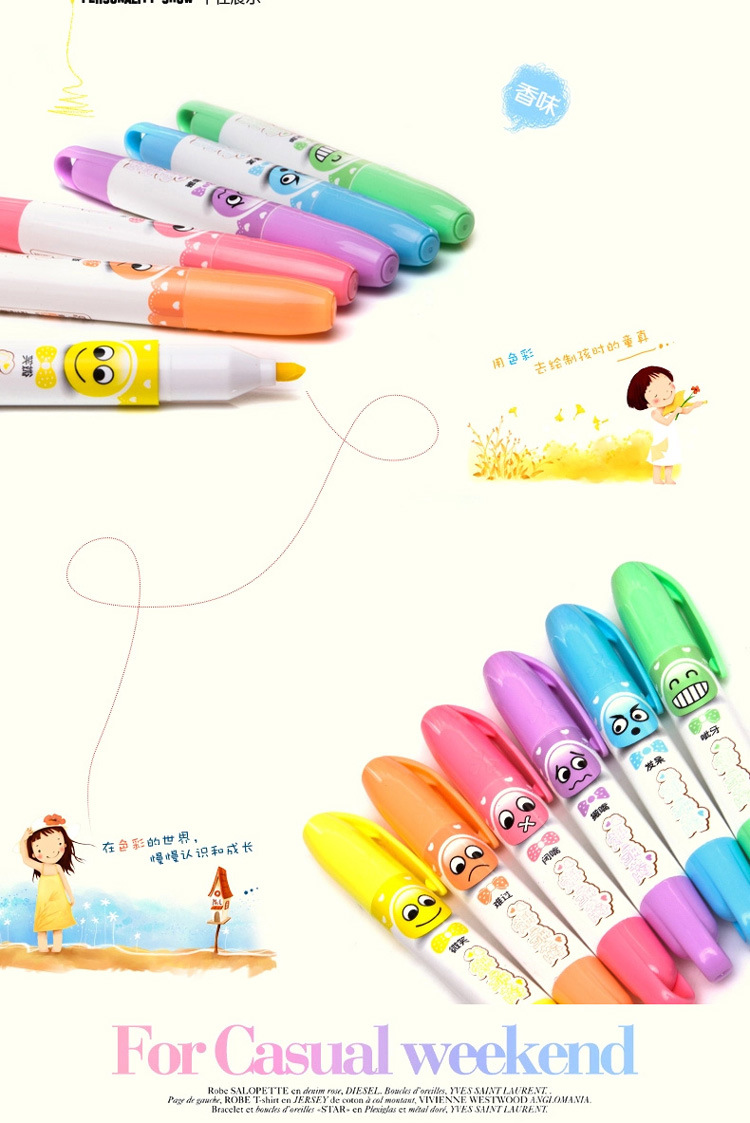 正品掌握553韩国创意香味荧光笔厂家批发6色表情图案学生文具用品