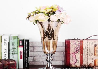 新款高档欧式复古合金玻璃花瓶装饰摆件家居客厅餐桌插花装饰品
