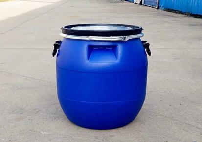 铁箍 蓝色壁厚5mm覆膜包装 耐酸碱元康50升法兰塑料桶生产厂家