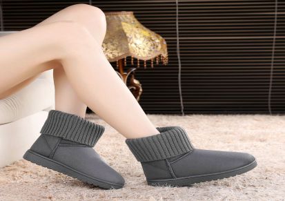 韩版新款女鞋绒面纯色短靴车缝线拼接针织女靴防滑保暖雪地靴