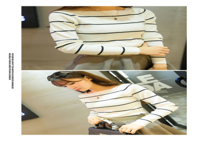 2015秋装新款一字领条纹韩版打底衫针织衫女式罩衫毛衣批发