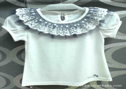外贸韩版女童T恤 纯棉雪纺蕾丝泡泡袖米白色童T恤 时尚特价童T