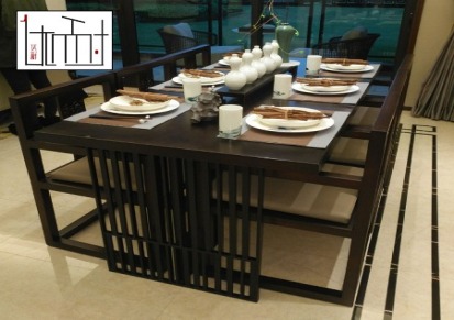 新中式餐桌长方桌客厅样板房酒店会所实木餐桌椅组合禅