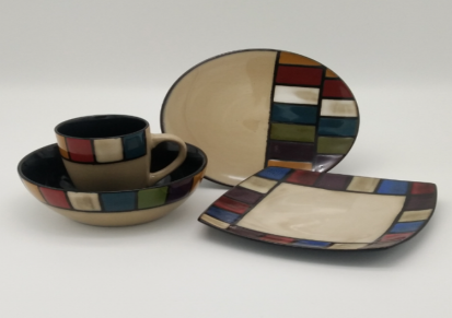 外贸时尚窑变釉陶瓷手绘方格餐具 8寸方圆形平盘沙拉面碗杯子订制