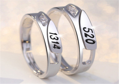 镀925银520情侣戒指一对开口男女简约学生创意结婚对戒礼物刻字