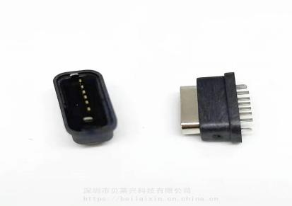 TYPEC6P立式防水母座USB直插防水180度插板H68IP68外壳全塑