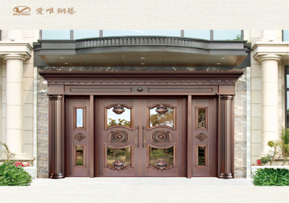 爱唯铜艺 四层纹理定制弧形纯铜门 拉丝工艺环柱入户对开大门