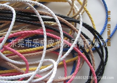 真皮编织绳，彩色圆形环保编织皮绳，4股皮条编织而成3MM4MM5MM
