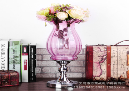 款现代欧式简约高档典雅合金玻璃花瓶 仿真花客厅创意摆件