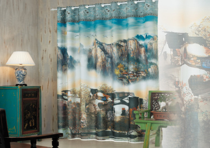 个性定制中国风窗帘 手绘山水画窗帘 数码印花窗帘