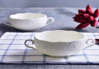 蕾丝浮雕 双耳汤碗纯白色陶瓷小碗 汤盅 双耳汤盅布丁碗汤盅 陶瓷