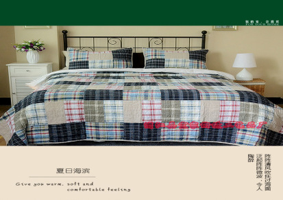 美式特色床品 手工浦江绗缝被三件套 纯棉外贸床盖 拼布被 批发