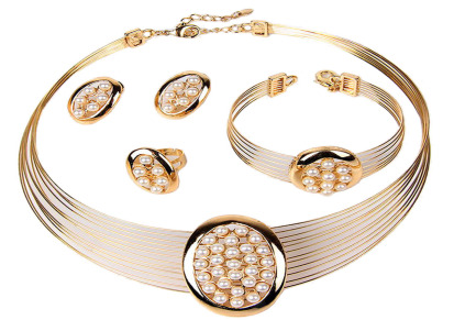 A1043跨境电商饰品货源新款欧美时尚镀金镶珍珠四件套耳环项链