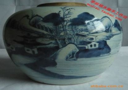 文玩收藏古瓷器玉器 清代青花山水乡村人物纹罐