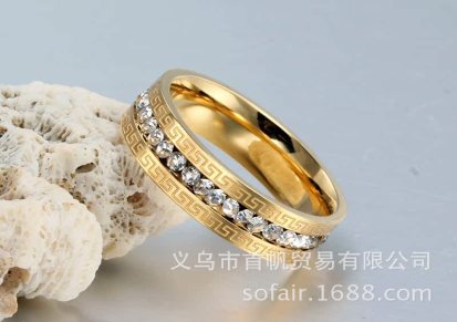 爆款时尚韩国风格镀金长城纹单排不锈钢镶钻戒指钛钢饰品批发M